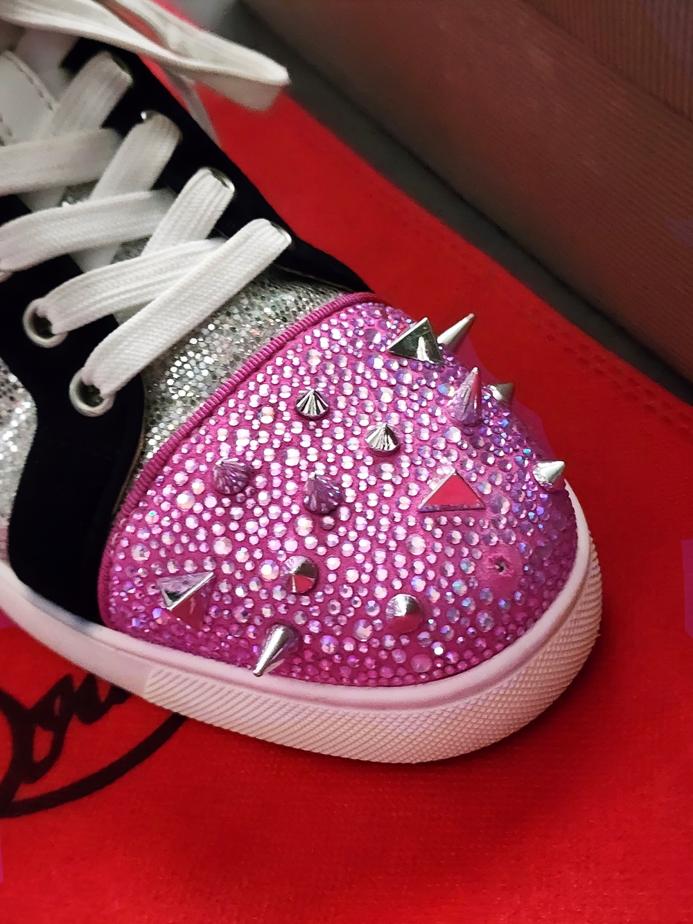 Christian Louboutin Women’s Pink Glitter Spike Sneakers - Picture 7 of 8